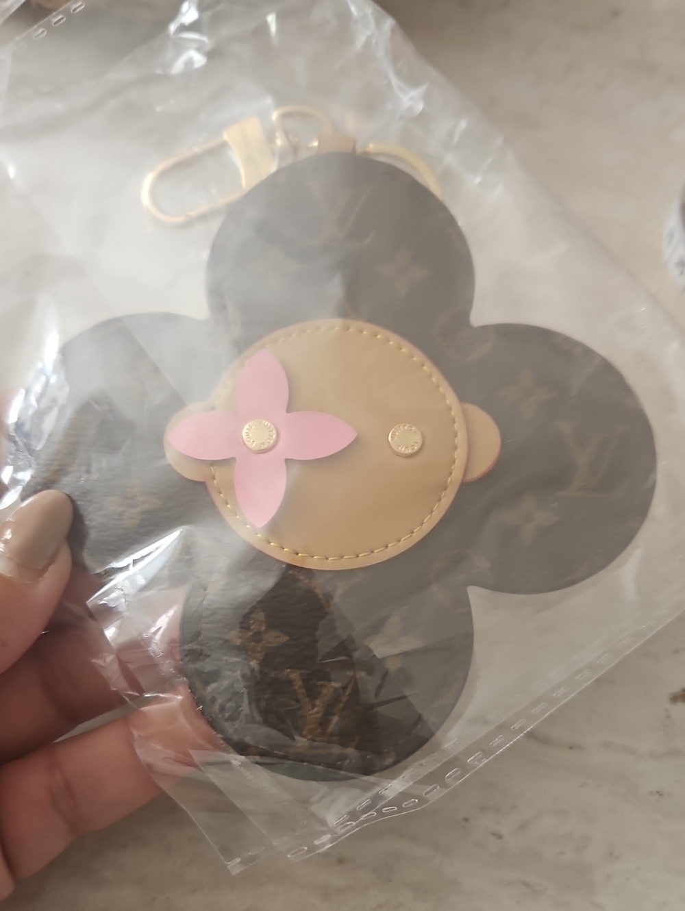 Monogram Flower Keychain Charm in Brown and Pink